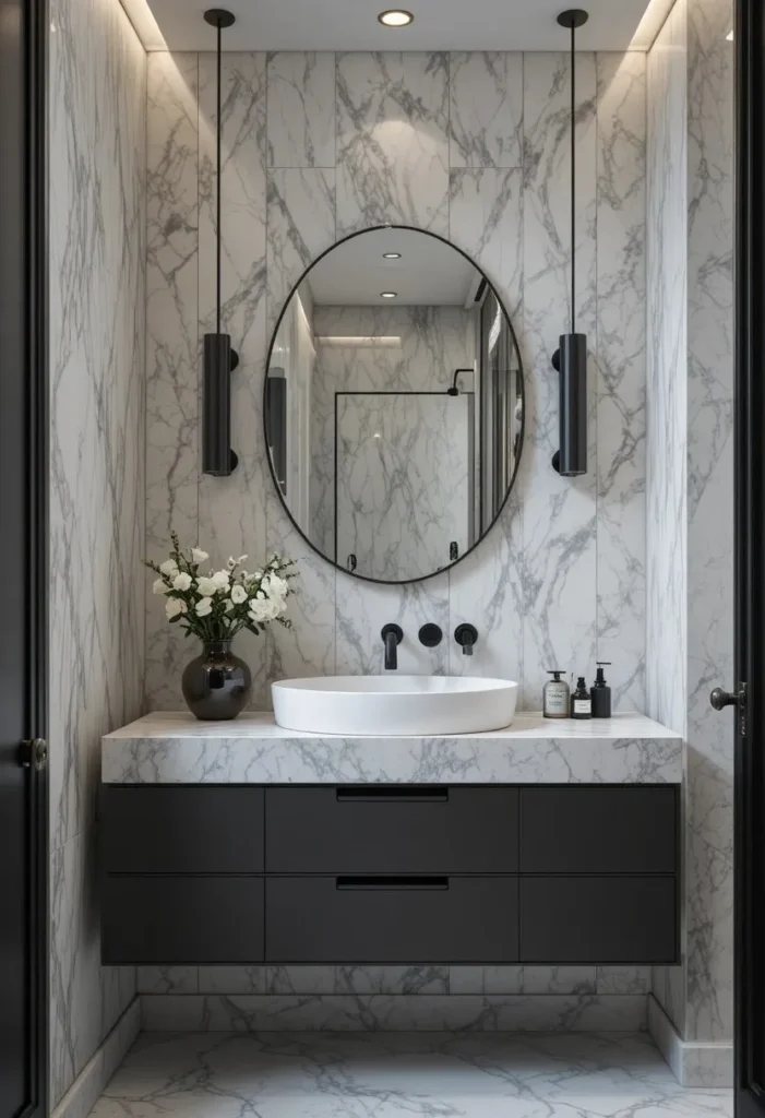 Marble effect wallpaper creating a luxurious bathroom atmosphere.