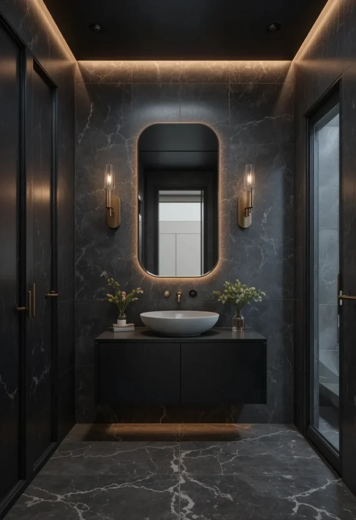 Luxurious black bathroom layered with charcoal, navy, and bronze accents.