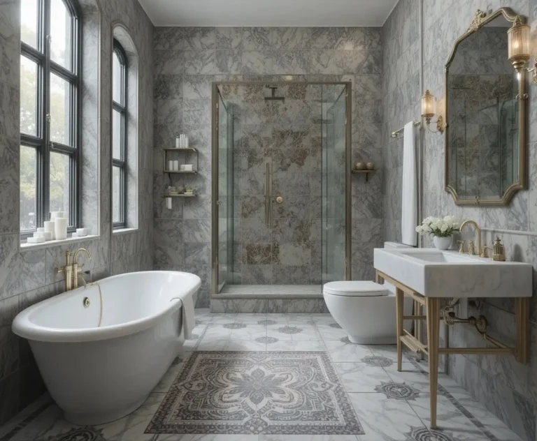 Full view of bathroom with Beautiful floor tile look