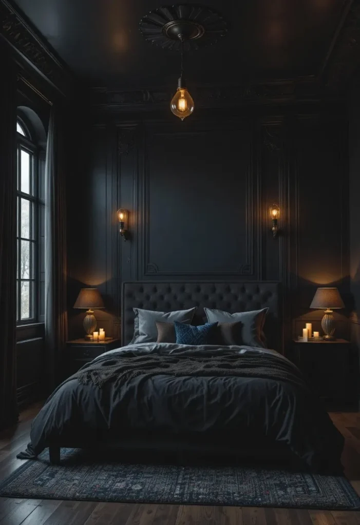 Atmospheric black bedroom with warm ambient lighting and cozy glow