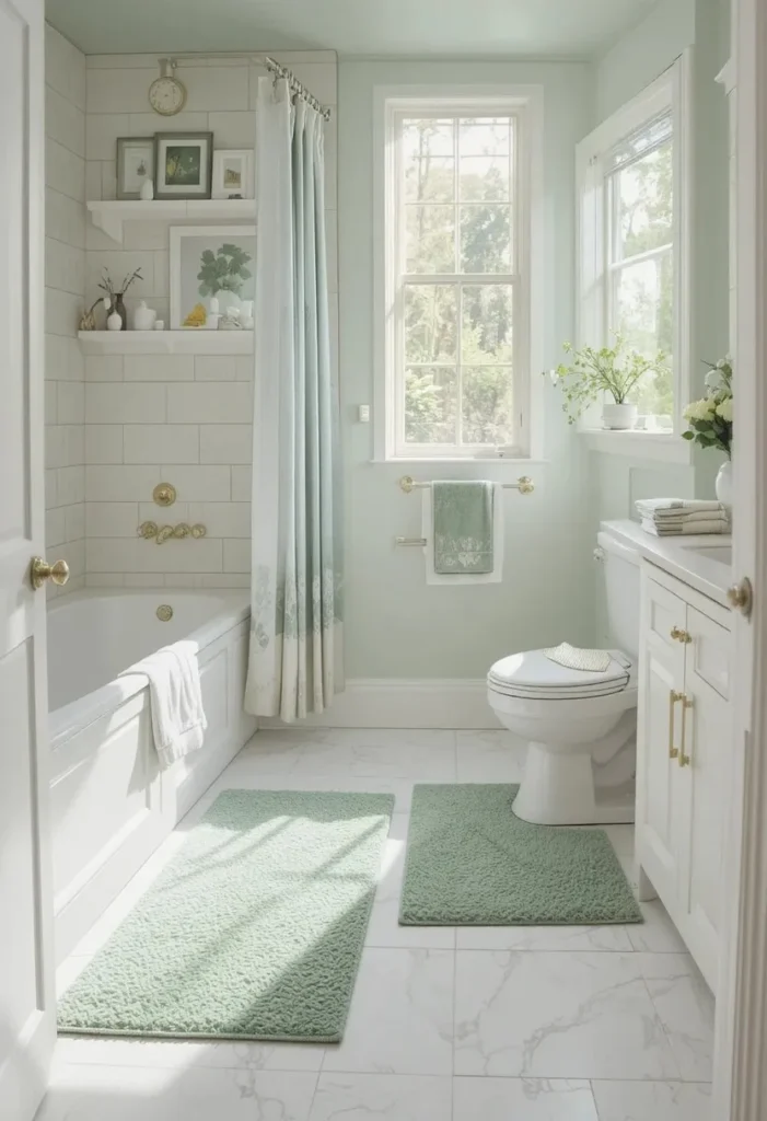 Matching sage green bathroom rug set creating a polished and coordinated design.