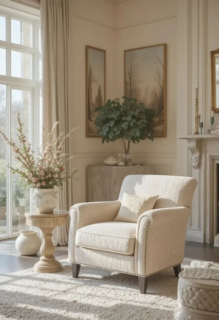Cream boucle accent chair adding texture and comfort to a living room.