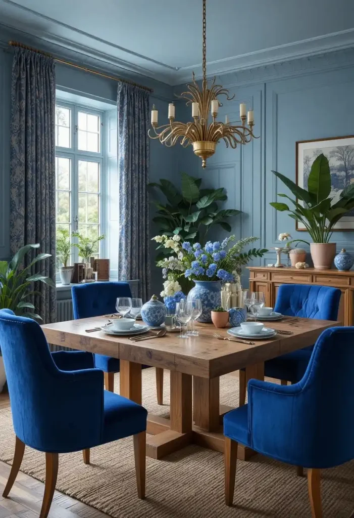 Layered blue dining room with navy velvet chairs, blue decor, oak table, and jute rug.