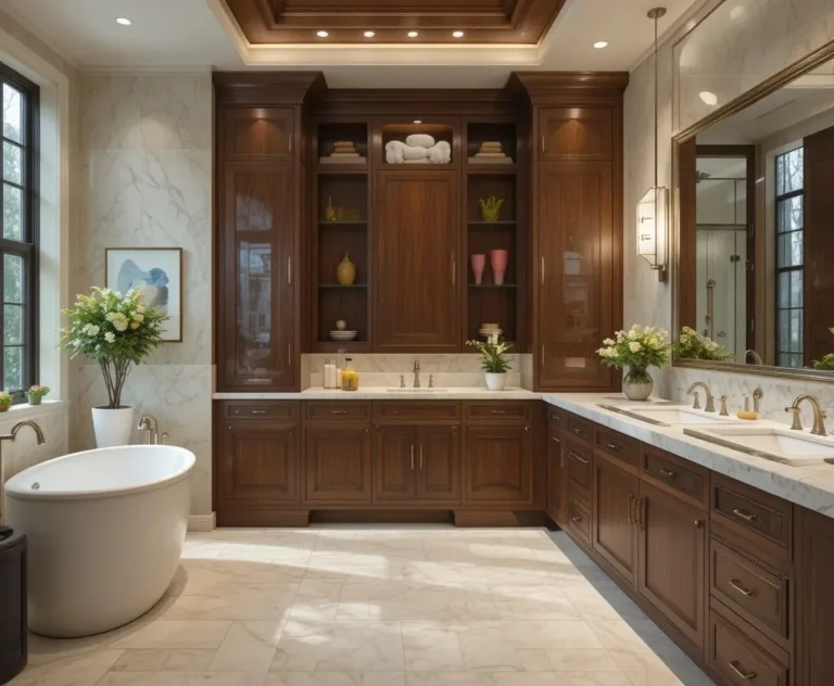 Beautiful full view of bathroom with cabinet look