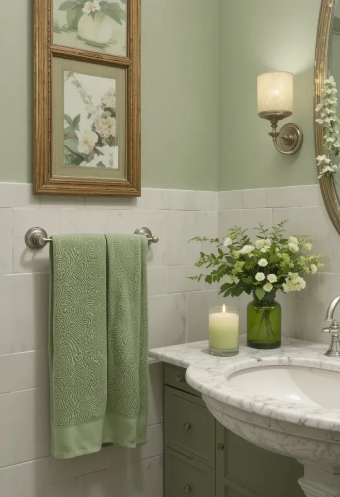 Guest bathroom with cohesive sage green accents and coordinated decor