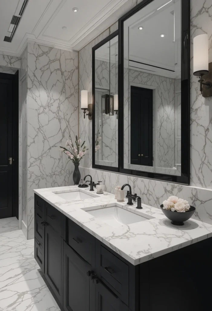 Black vanity paired with a white marble countertop in a sophisticated bathroom.