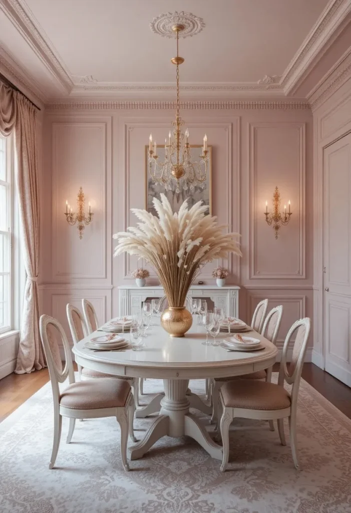 Blush pink dining room with romantic decor and soft elegant styling