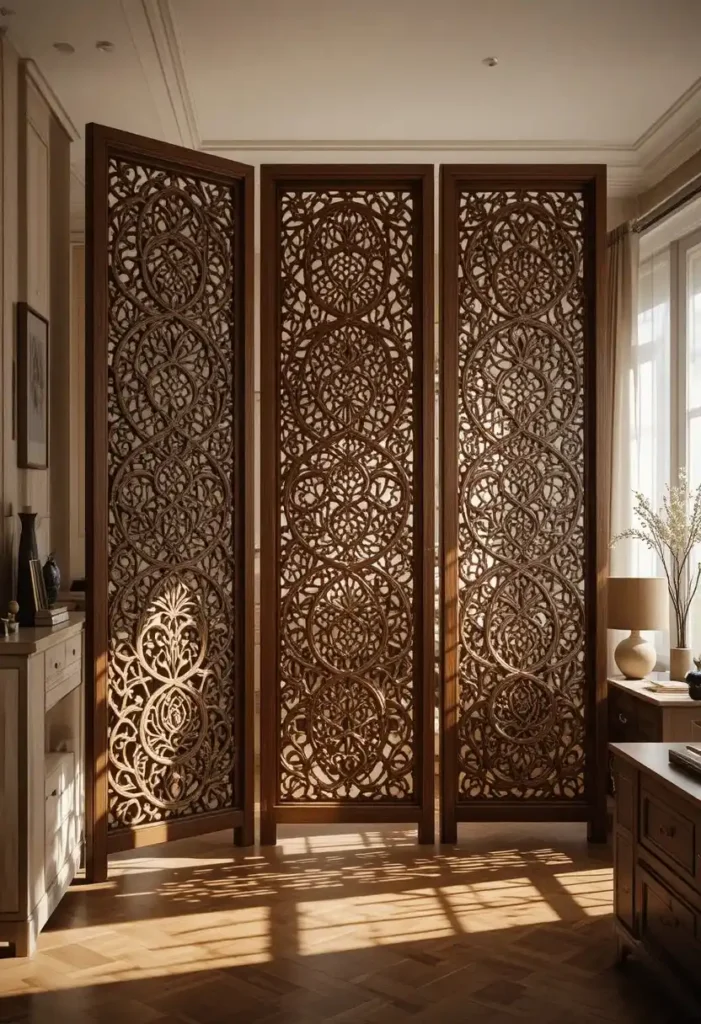 Decorative wooden screen divider casting beautiful patterned shadows in a living room.