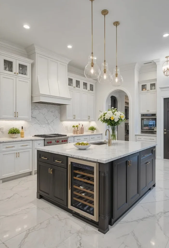Kitchen island featuring a built-in wine fridge for convenient entertaining.