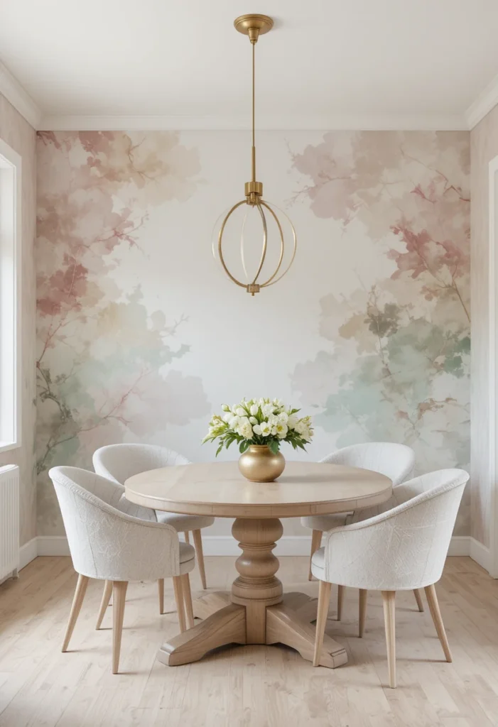Dining room featuring soft watercolor wallpaper with a serene artistic feel.
