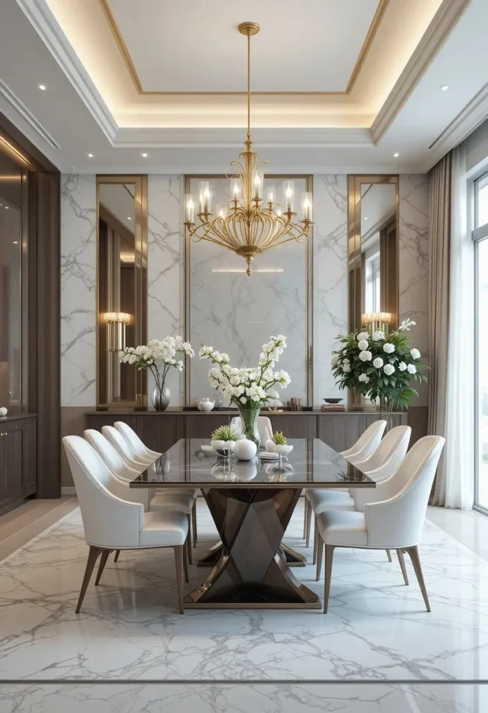Dining room with marble-effect wallpaper creating a luxurious sophisticated look.