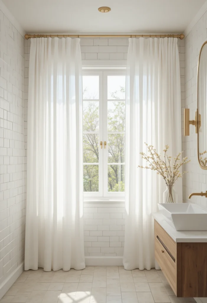 Sheer white bathroom curtains creating soft diffused natural light.