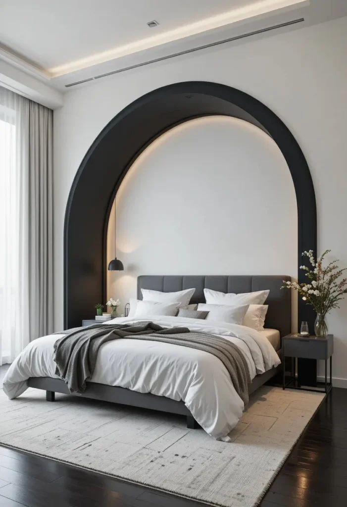 Black painted arch accent wall creating a dramatic focal point behind the bed.