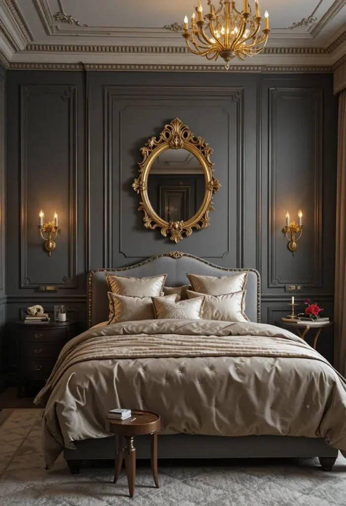 Dark gray and gold bedroom creating a luxurious five-star hotel-inspired retreat.
