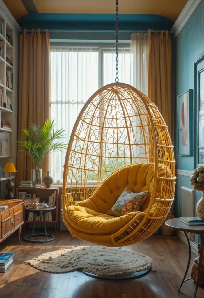 Mustard yellow hanging egg chair adding retro personality to a living room.