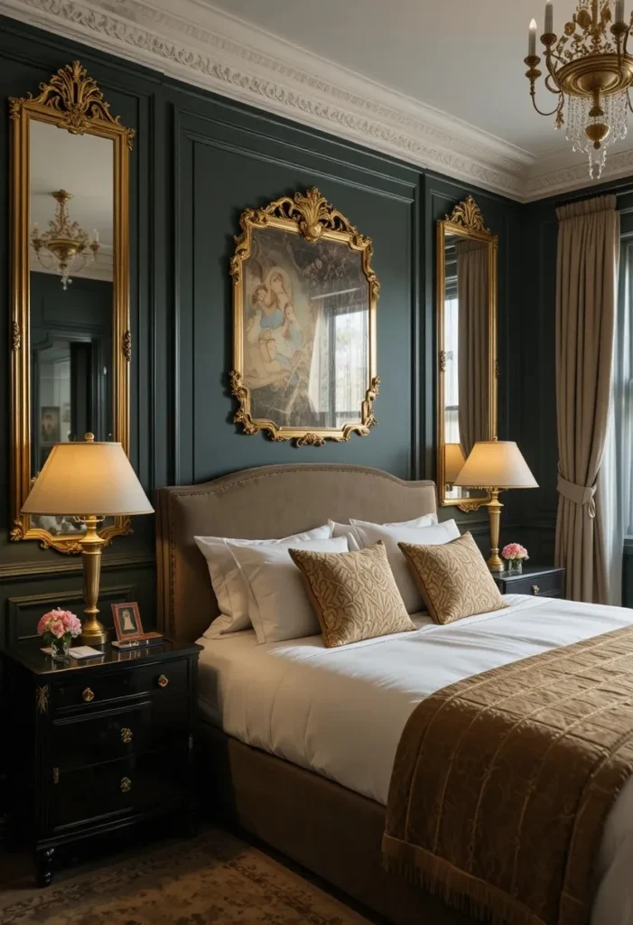 Elegant dark green bedroom with gold accents and luxurious warm lighting