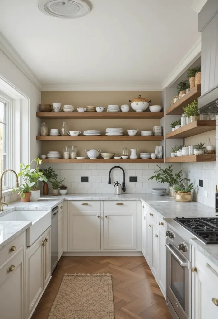 Bright long kitchen with open shelving creating a light airy feel