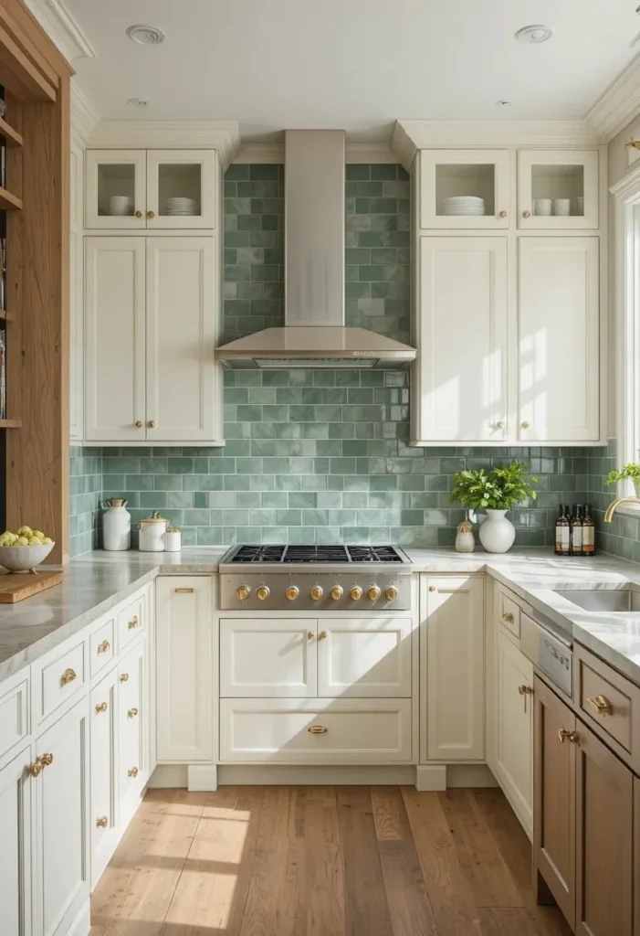 Sage green glass tile backsplash paired with cream cabinets and brass accents.