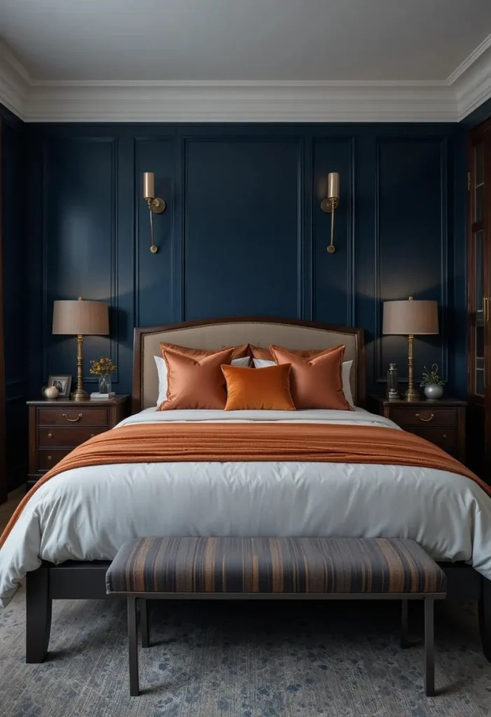 Navy bedroom accented with burnt orange decor and brass details.