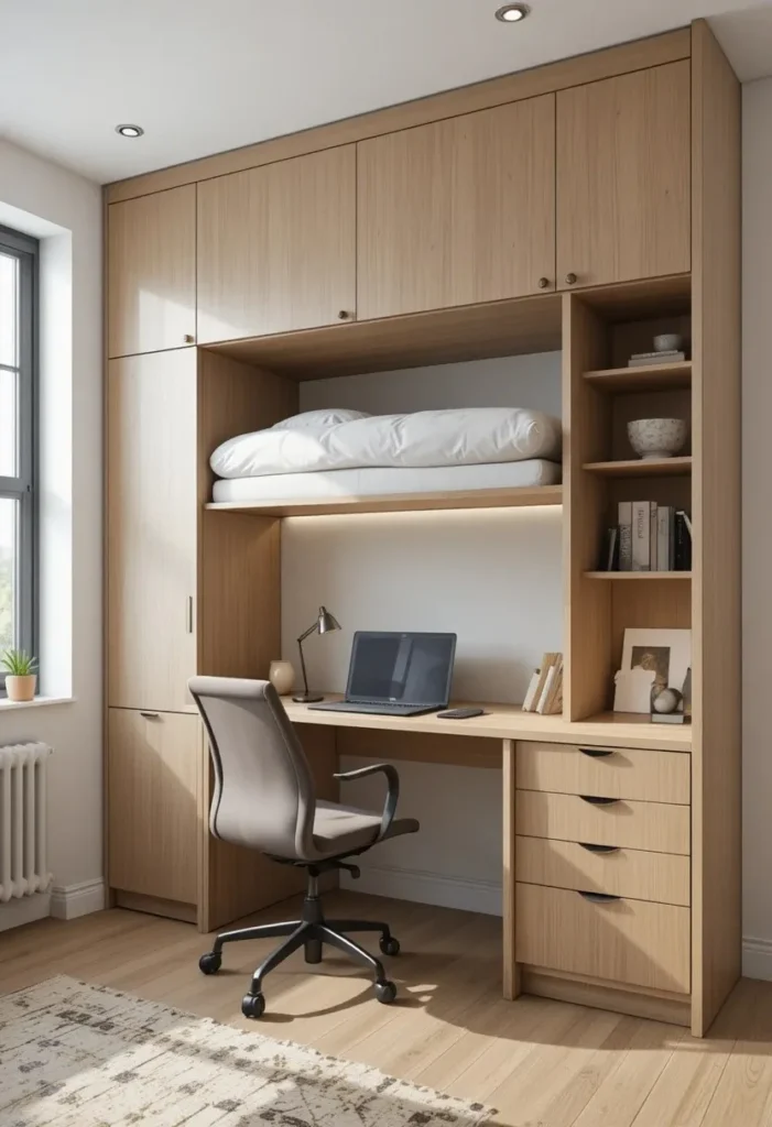 Murphy bed combined with a fold-down desk creating a dual-purpose home office and bedroom.