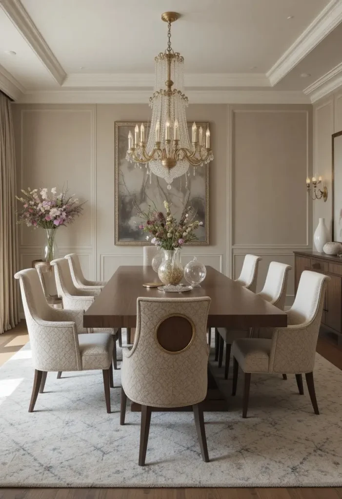 Modern dining room featuring textured boucle chairs around a walnut dining table.