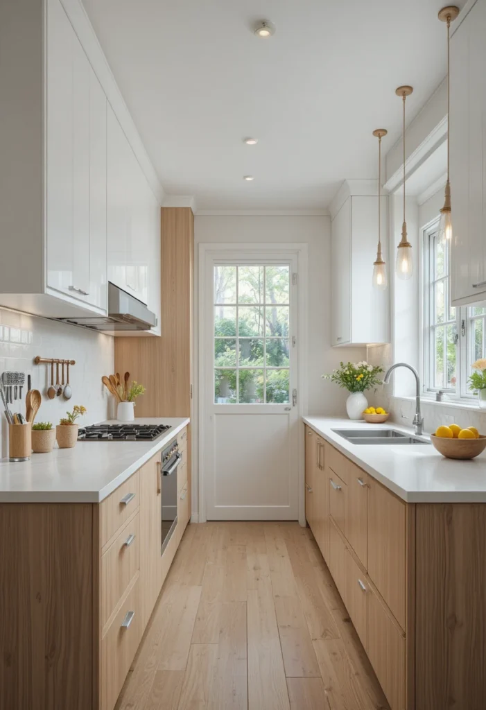Efficient galley kitchen with two parallel counters and bright modern design