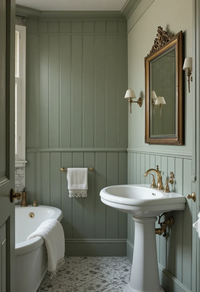 Sage green tongue-and-groove paneling in a charming bathroom.