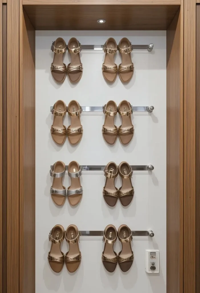 Magnetic wall strips displaying metallic shoes in a unique space-saving way.