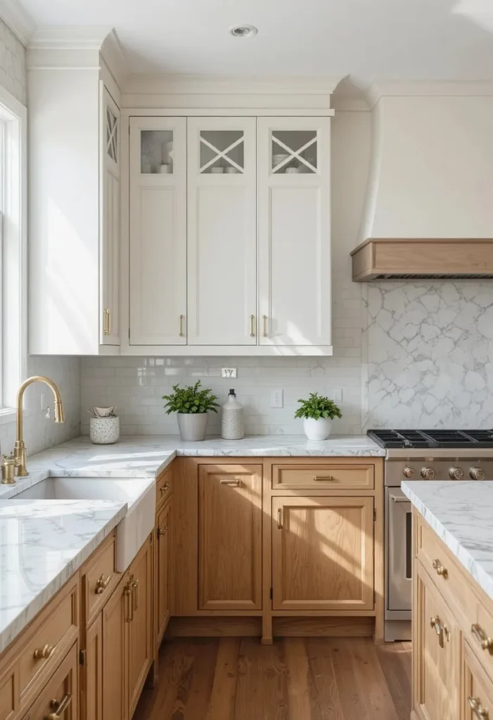 Kitchen with hickory lower cabinets and painted white upper cabinets.