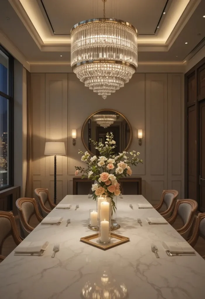 Modern dining room using chandelier, floor lamp, and candles to create layered lighting.