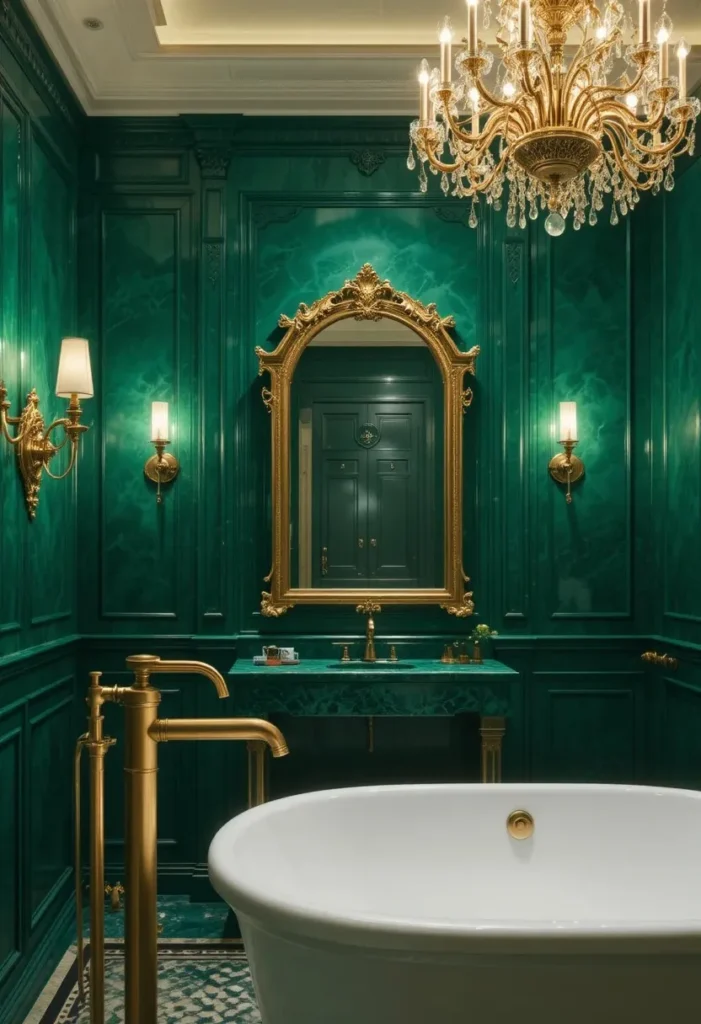 Emerald green bathroom with gold fixtures and luxury decor