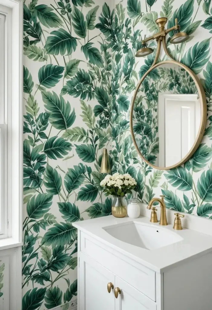 Botanical wallpaper accent wall behind a bathroom vanity.