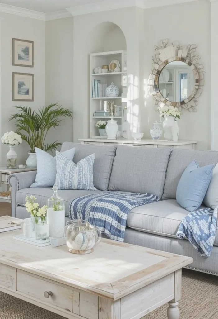 Grey couch styled with coastal blue and white decor for a fresh look.