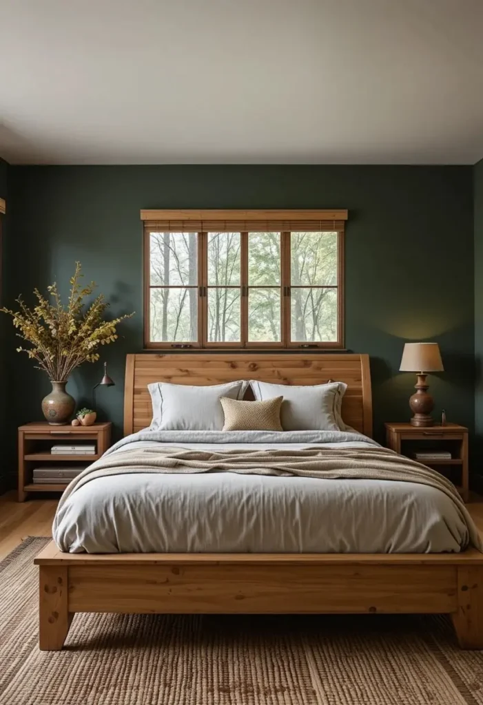 Cozy bedroom with dark green walls and warm natural wood furniture
