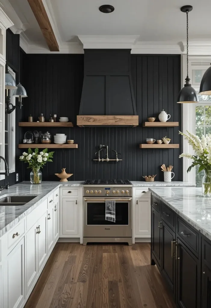 Matte black beadboard backsplash contrasting beautifully with white cabinets and marble counters.