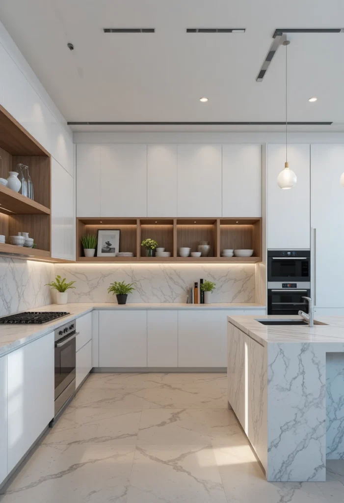 Modern L-shaped kitchen featuring open shelving and a dramatic waterfall island.