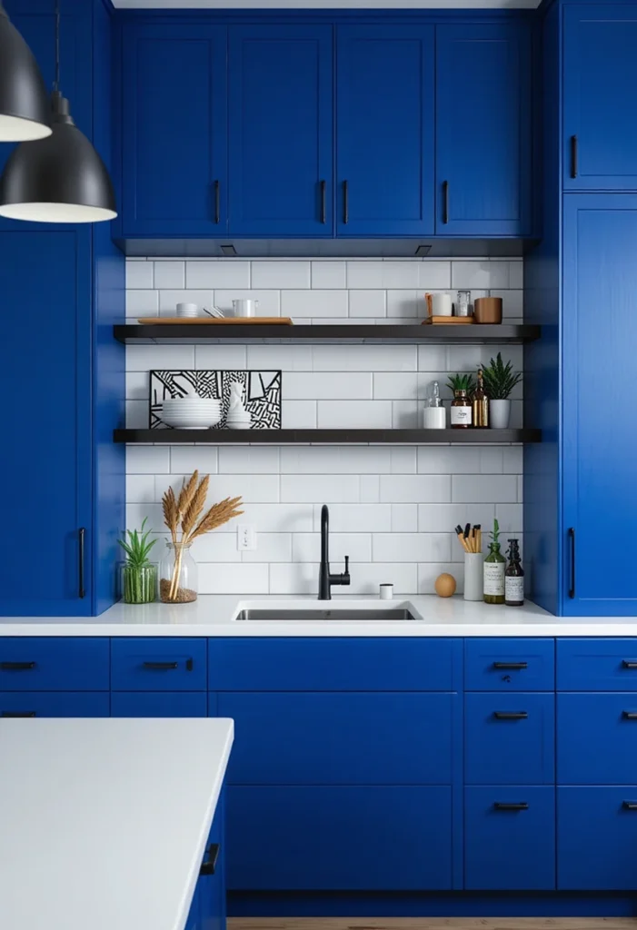Bold cobalt blue kitchen cabinets with black hardware and white backsplash.