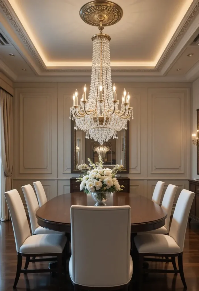 Crystal chandelier illuminating a formal dining room with dark wood table and white chairs.