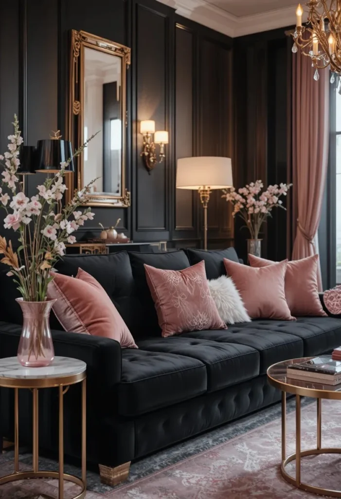 Black couch styled with blush pink accents for a romantic modern look.
