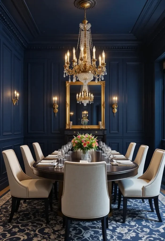 Navy blue color drenched dining room with gold accents and cream chairs