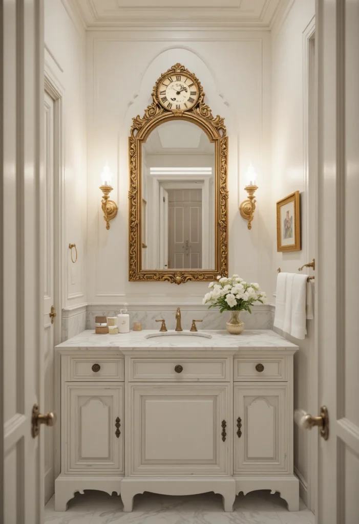Vintage brass wall clock decorating a bathroom wall.