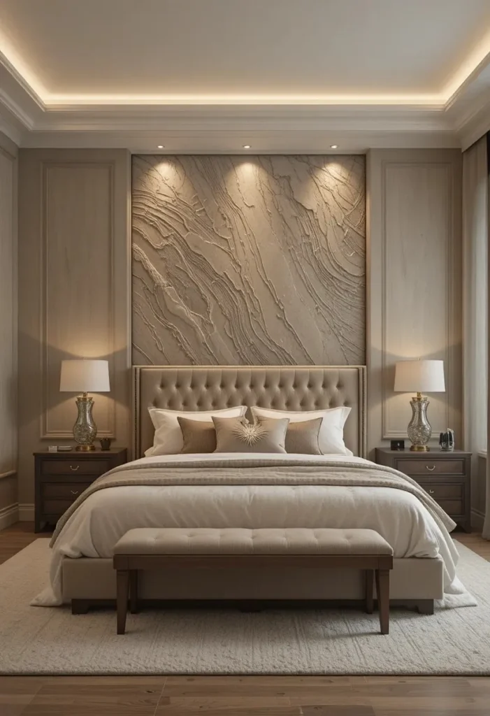 Bedroom with a textured accent wall creating depth behind the bed.