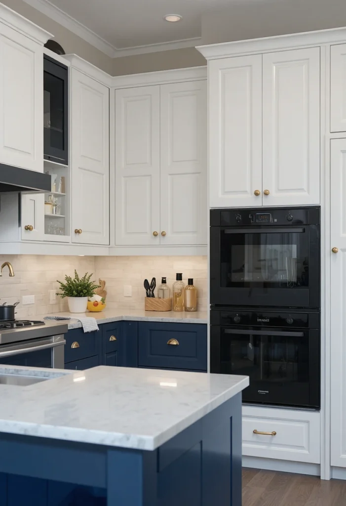 Two-tone kitchen design with black appliances and modern styling