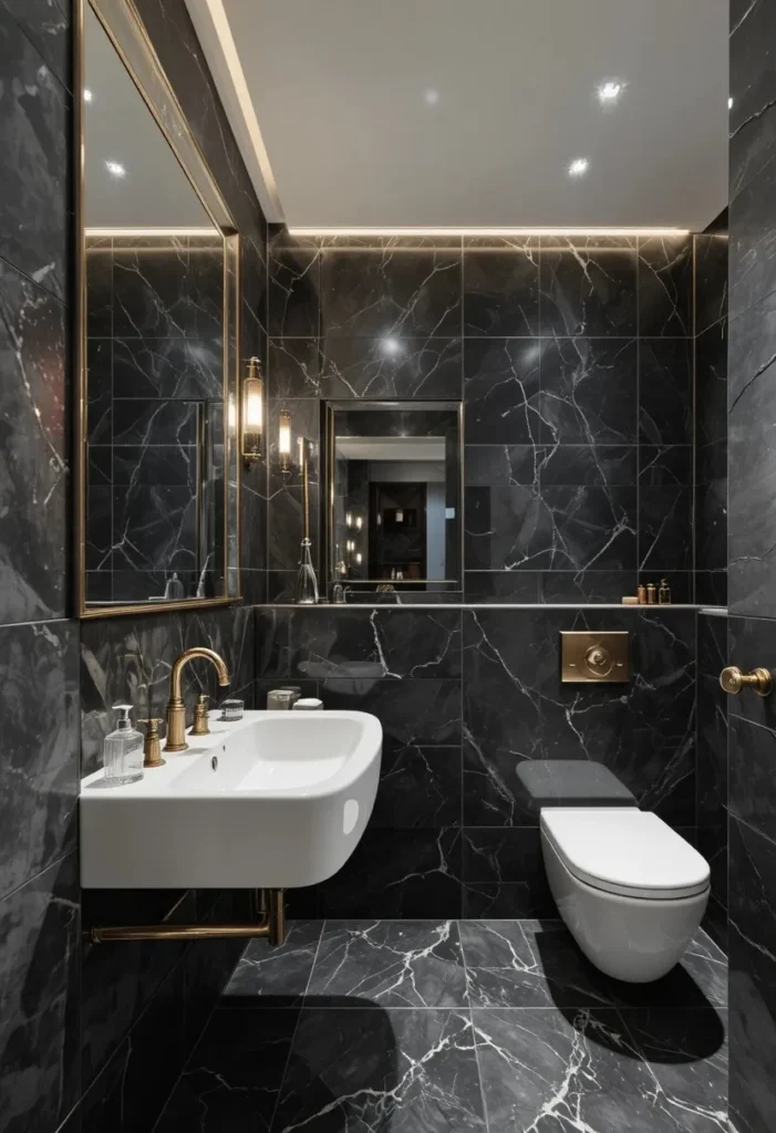 Guest bathroom with dark charcoal tiles and brass accents