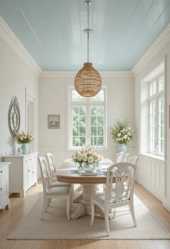 Dining room with powder blue ceiling, white walls, oak dining table, and natural light.