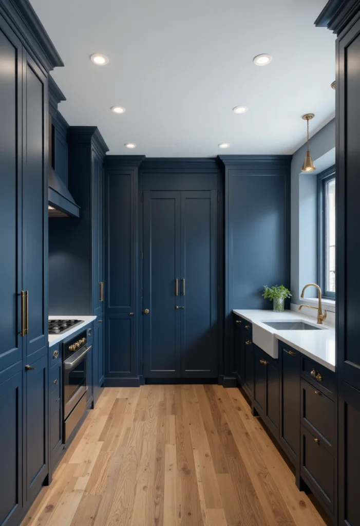 Galley kitchen painted entirely in deep navy blue with brass hardware and white countertops for a bold modern look.