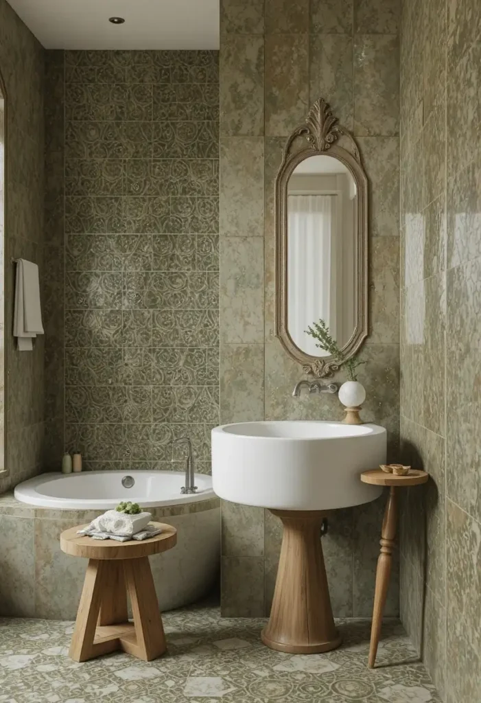 Bathroom with handcrafted green zellige tiles and organic textures