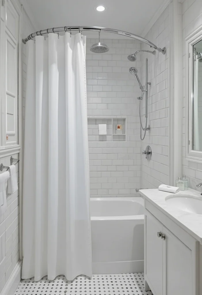 Curved shower rod making a small bathroom shower feel larger and more open.