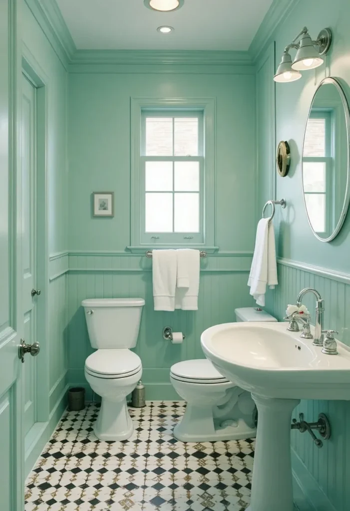 Mint green bathroom with retro details and checkered flooring