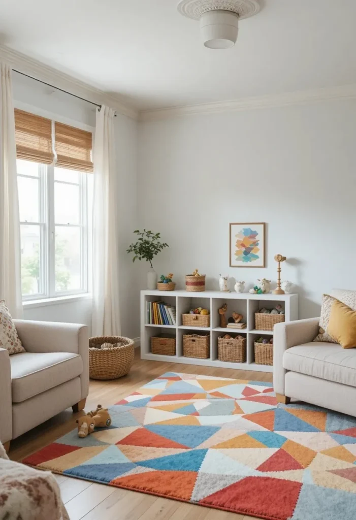 Dedicated toy storage corner in a living room with baskets, shelving, and a colorful rug.